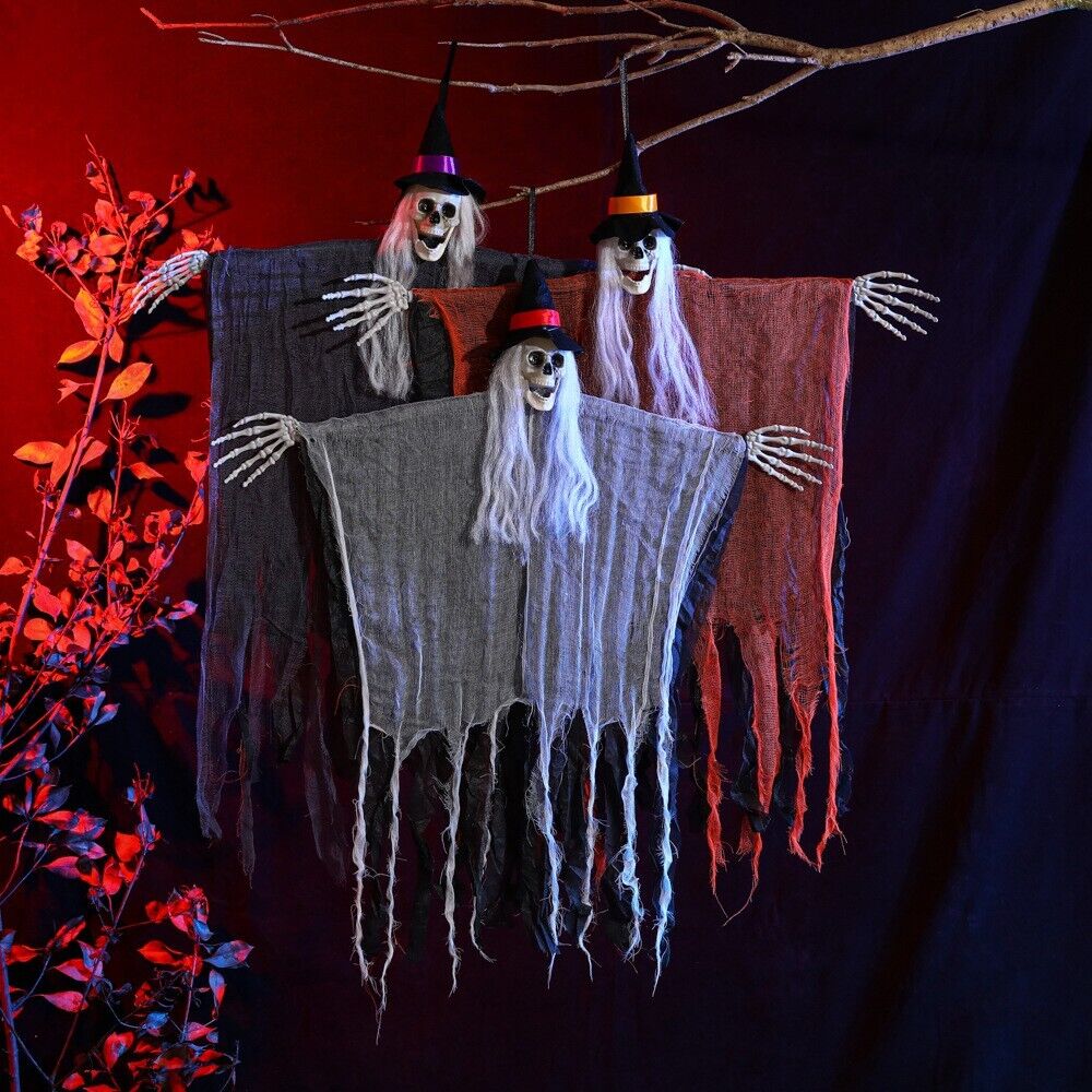 3pcs Halloween Haunting: Horror Skeleton and Ghost Skull Hanging Props