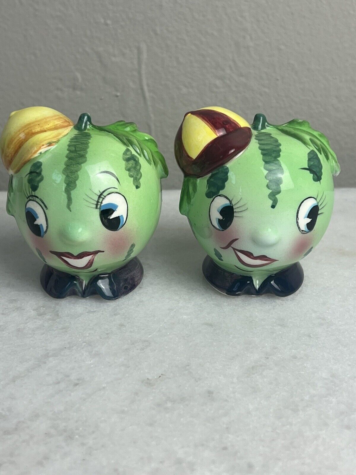 VINTAGE PY ANTHROPOMORPHIC WATERMELON FACE SALT AND PEPPER SHAKERS