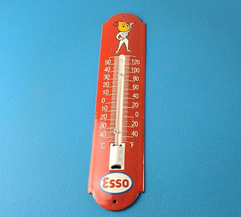 Vintage Esso Gas Station Sign - Service Pump Ad Sign on Porcelain Thermometer