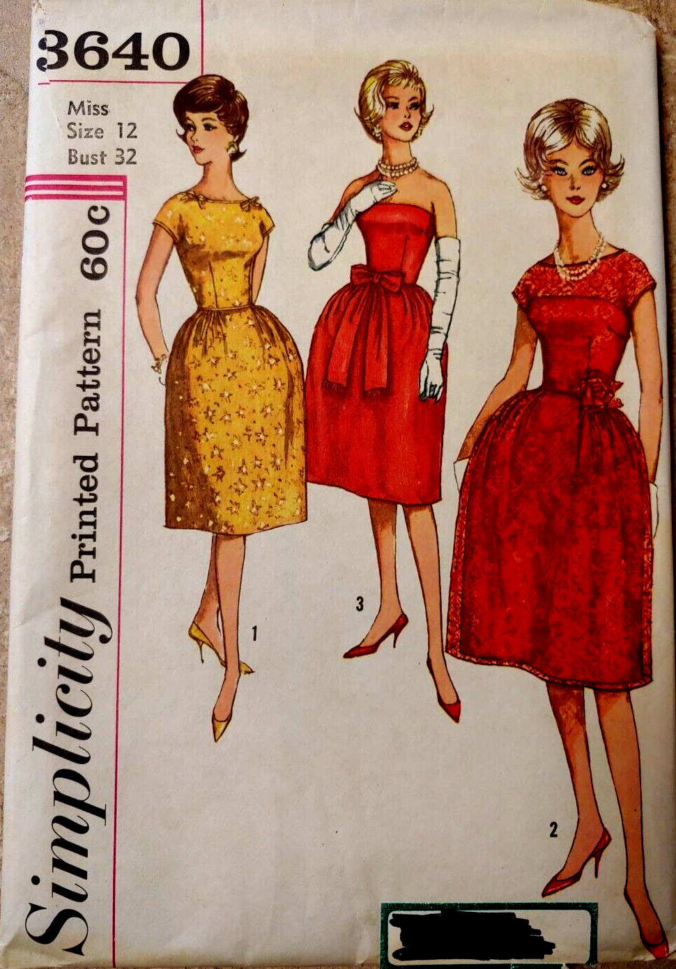 Vtg. Year 1958 Simplicity #3640 Junior & Misses One-piece Dress Sz  12 Bust 32