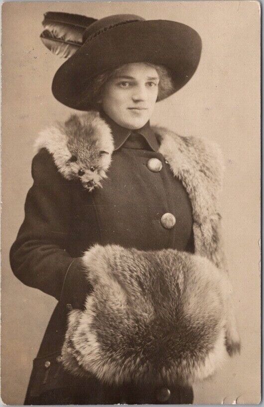 1912 LANSING, Michigan Studio Photo RPPC Postcard Young Woman / Fur Stole & Muff