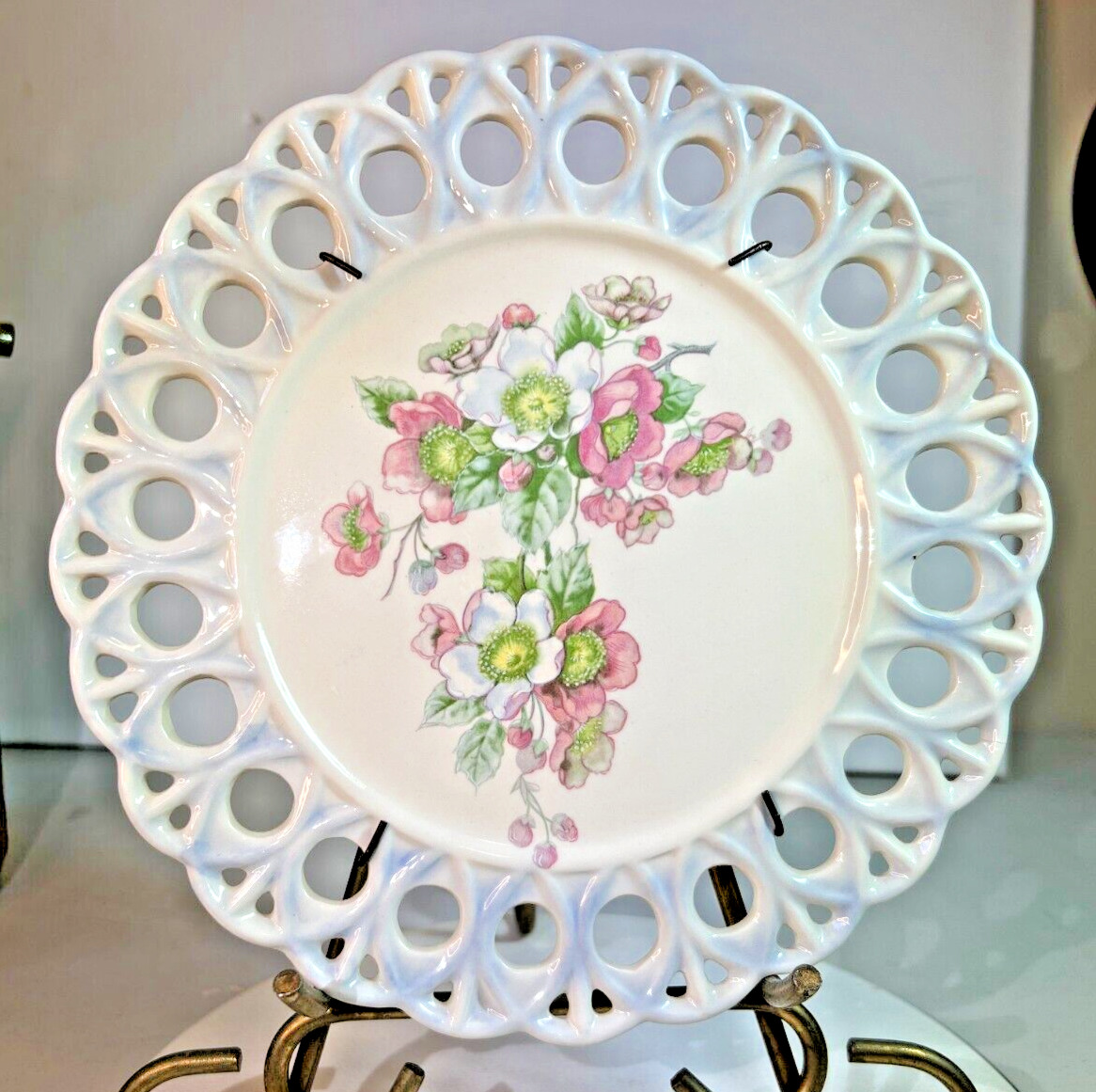 Articulated Plate Pink White Green Flower Signed \