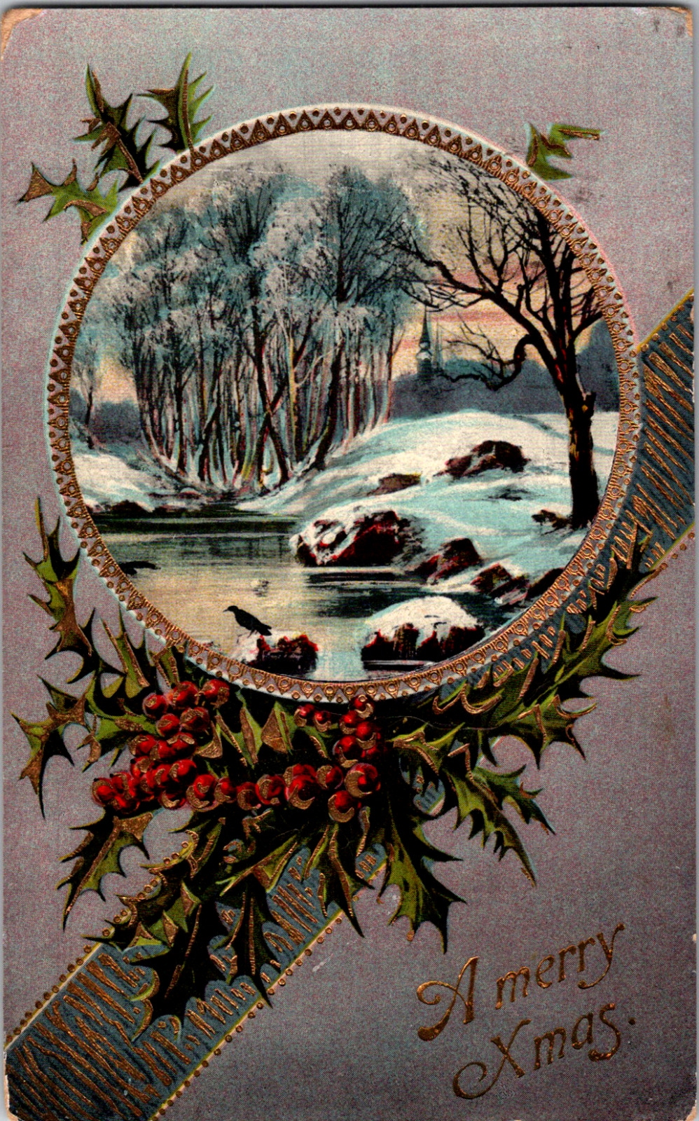 Vintage C. 1910 Glossy A Merry Xmas Postcard Snow Winter Stream Holly Berry Crow