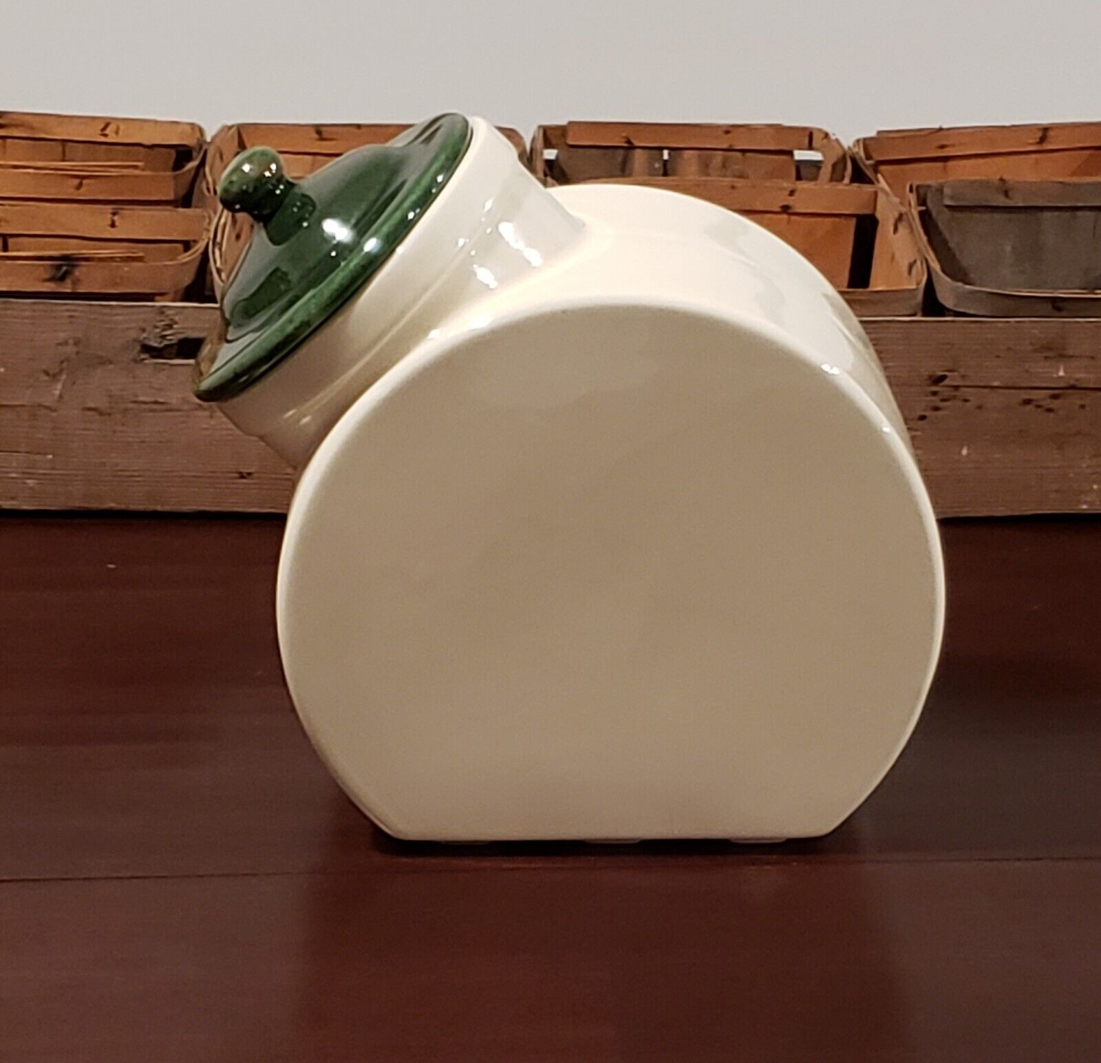 Vintage Creamy White Disc Shaped Heavy Container Canister with a Green Lid Jar