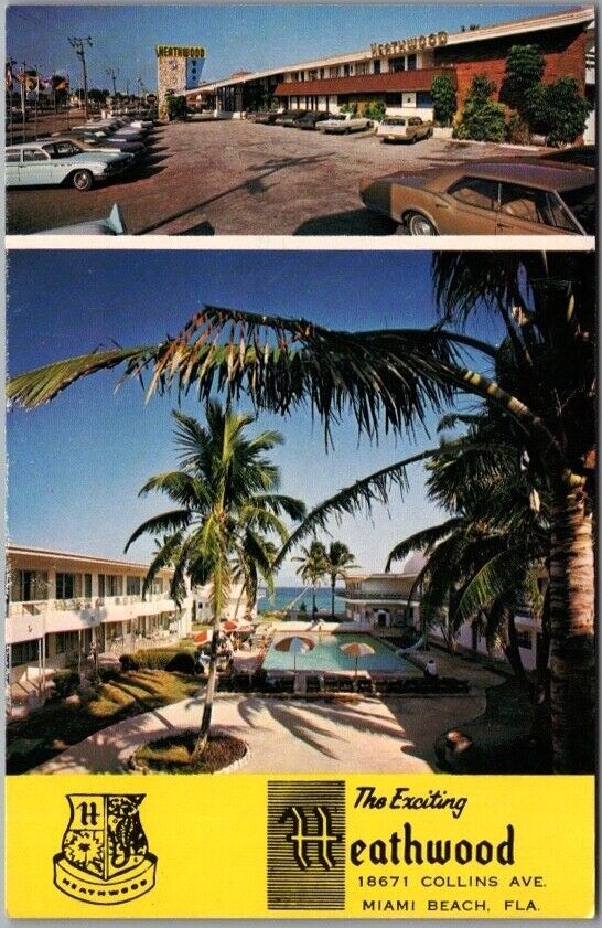 Miami Beach, Florida Postcard HEATHWOOD MOTEL Pool Scene c1960s Chrome Unused