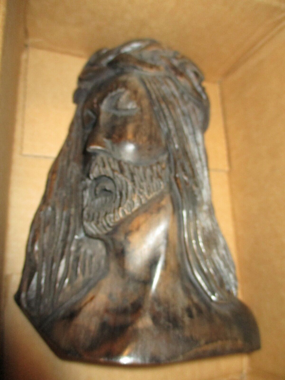 Vintage Jesus Head Face Dark Brown Wood Hand Carved Figurine 7.5 x 5.5 x 2