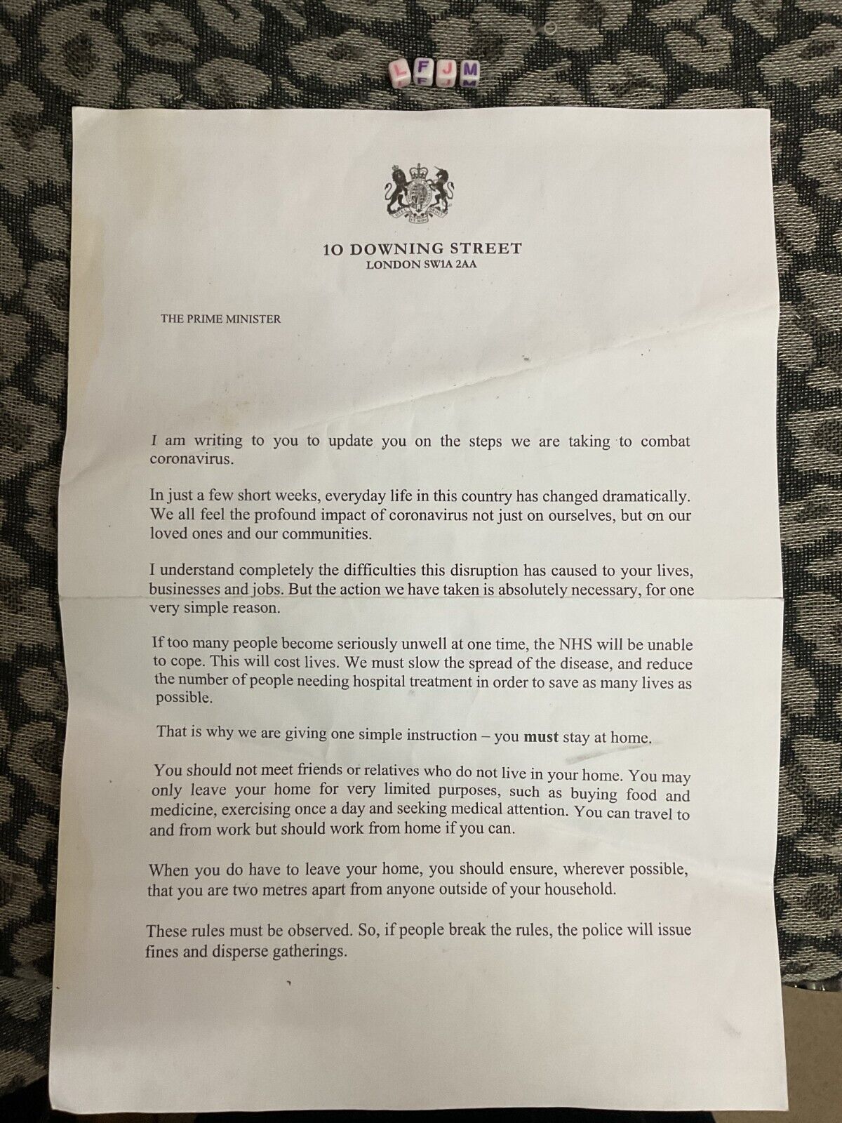 SIGNED BORIS JOHNSON PRIME MINISTER DOWNING STREET COVID GOVERNMENT LETTER