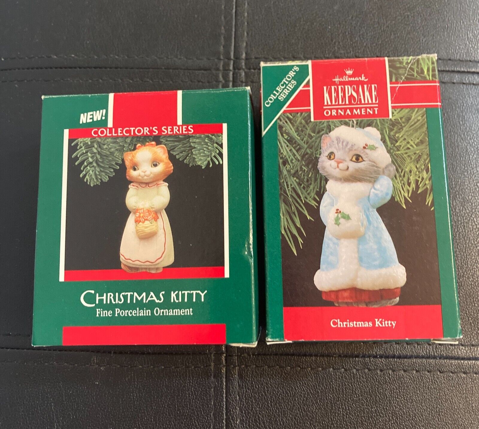 Vintage Hallmark CHRISTMAS KITTY  1989, 90 Ornament #1, 2 lot Porcelain Cat