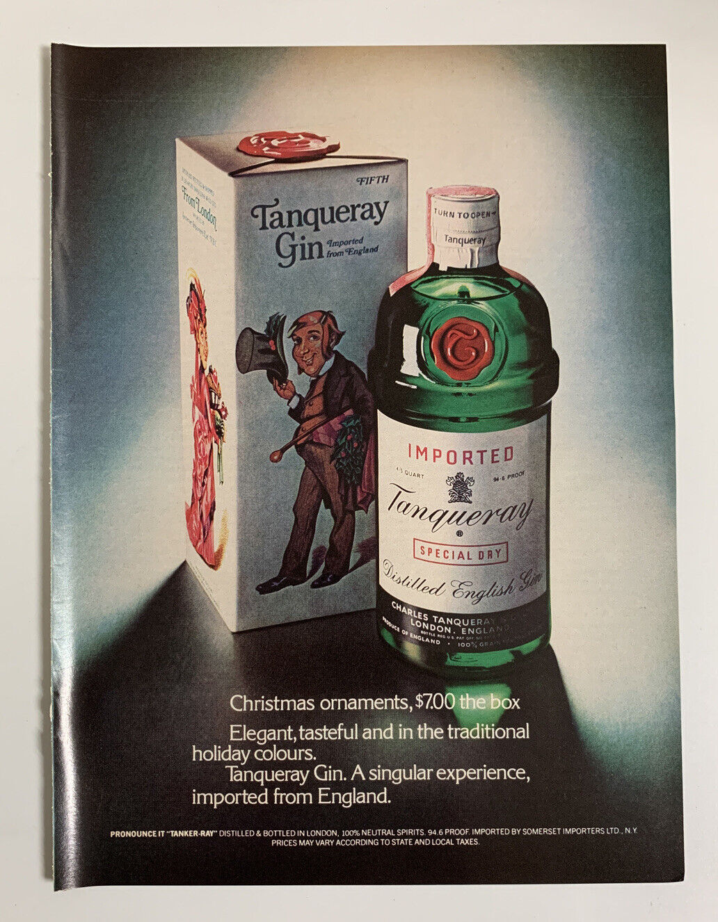 1972 Tanqueray Gin Print Ad Bottle Singular Experience Imported From England