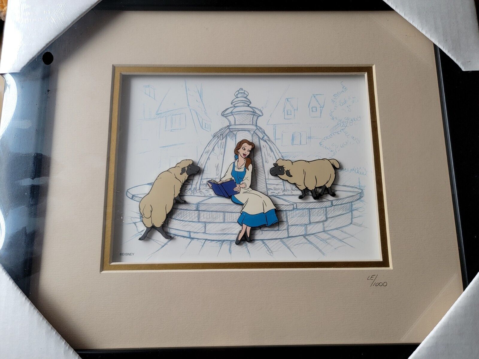 DISNEY'S BEAUTY AND THE BEAST BELLE W/ SHEEP AT FOUNTAIN FRAMED PIN SET LE1000