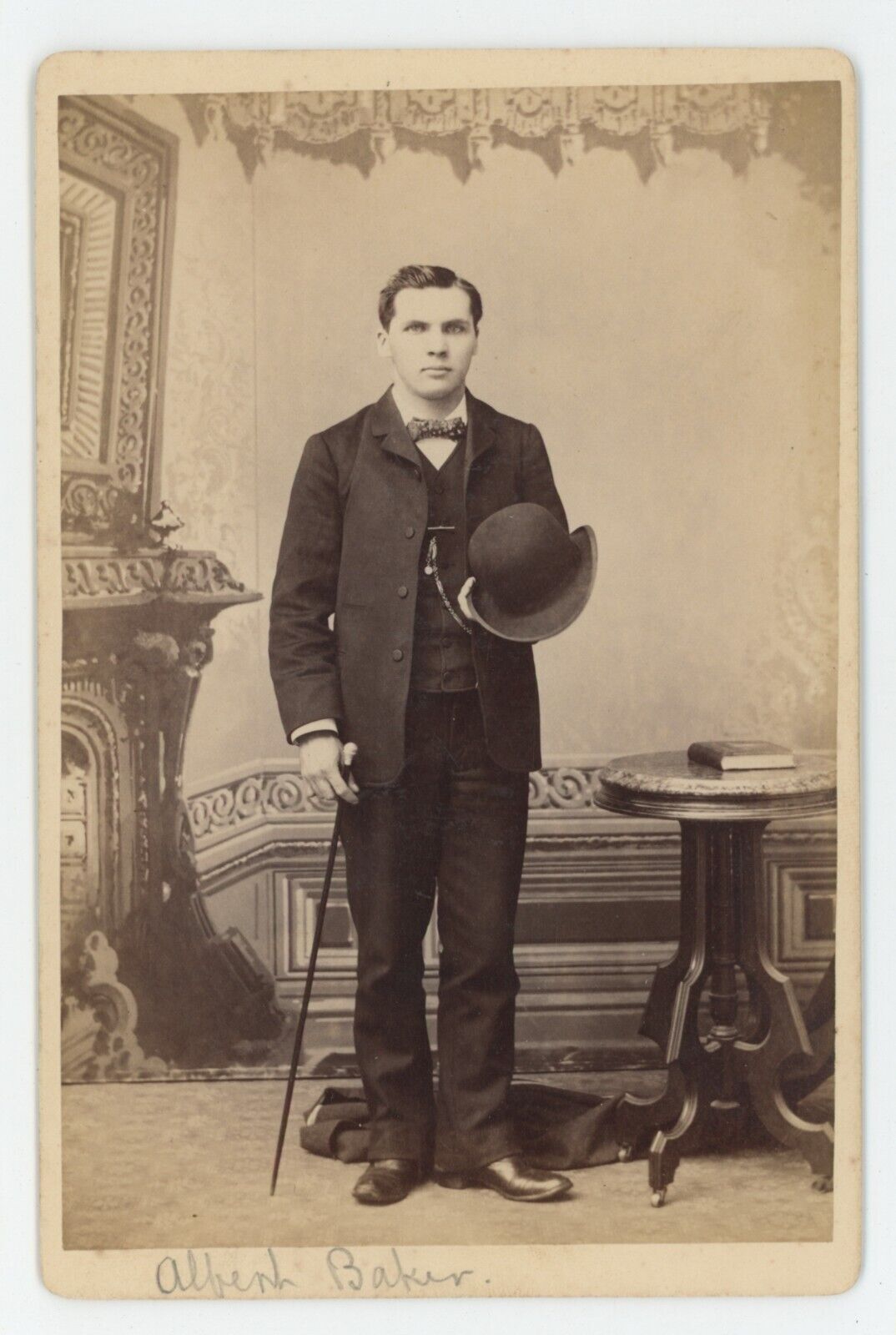 c1880s ID'd Cabinet Card Man w. Cane Holding Hat Named Albert Baker Scranton, PA