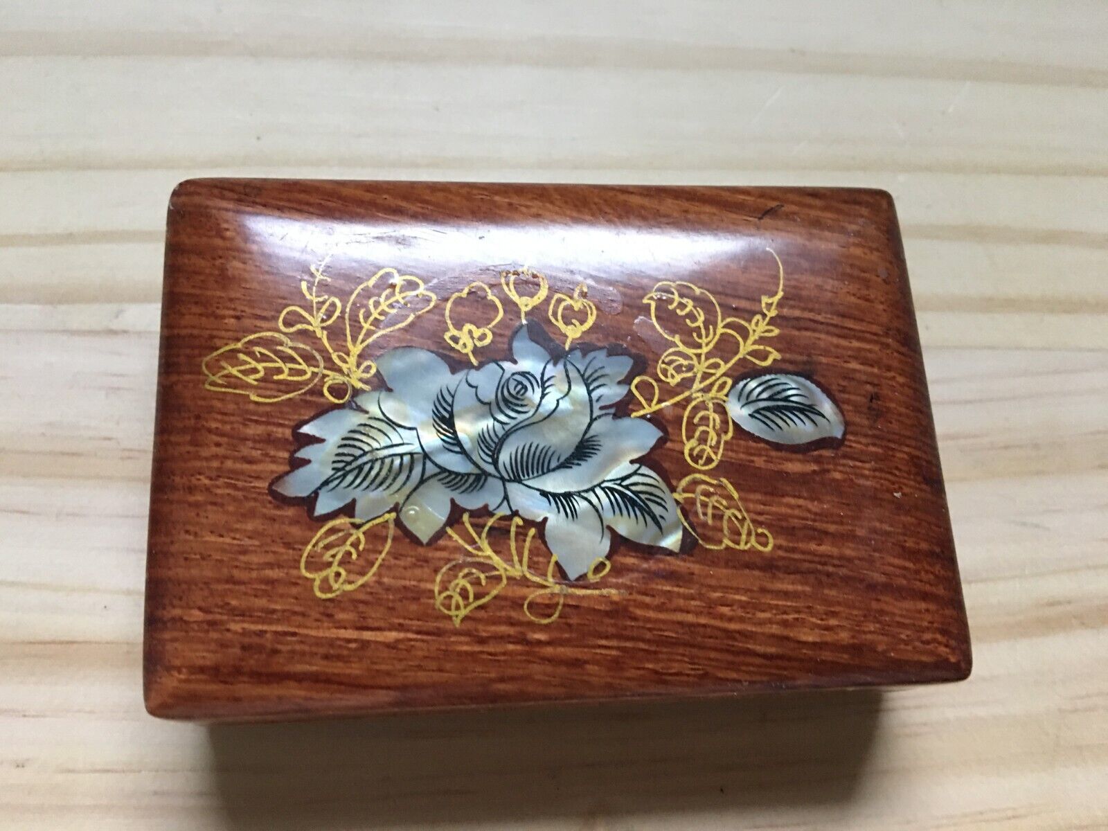 Vintage Rosewood Pocket Jewelry Mirror Box w/ Mother-of-Pearl Inlay Flowers 3.5