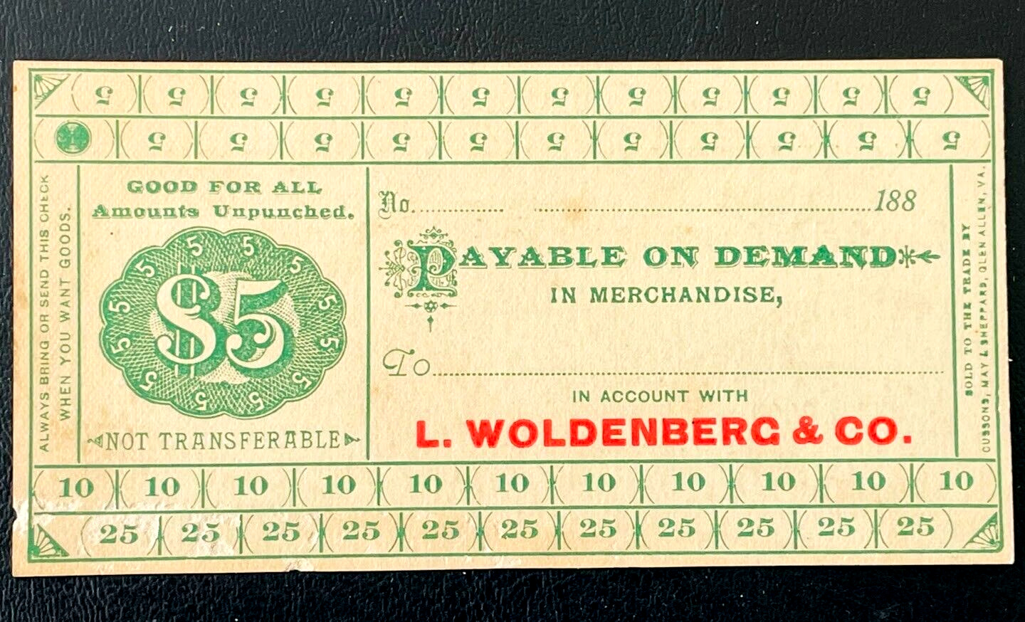 Antique Ephemera L. WOLDENBERG 1880's Coupon Trade Check Advertisement Card RARE