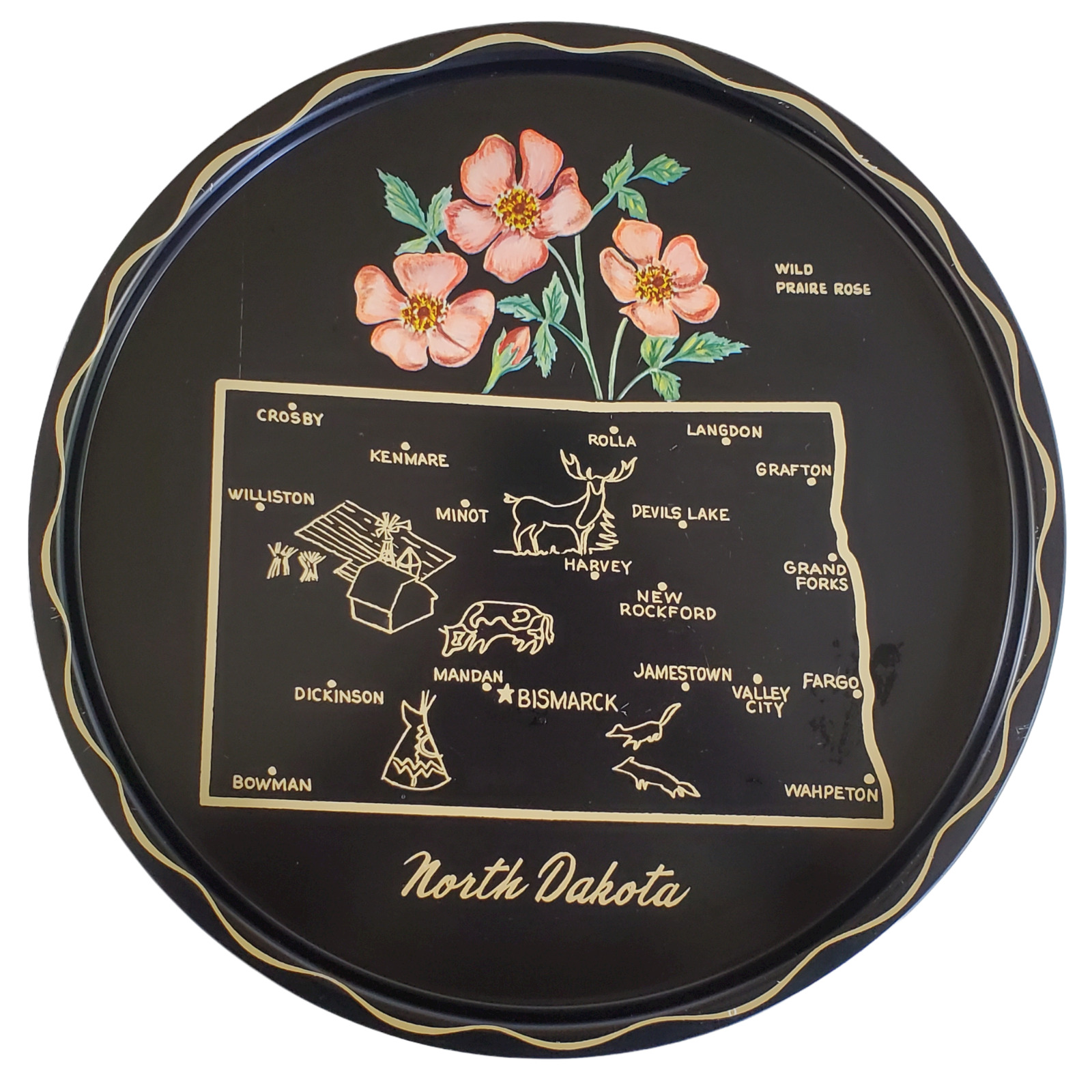 North Dakota Serving Tray State Souvenir Platter Round Black Metal Vintage