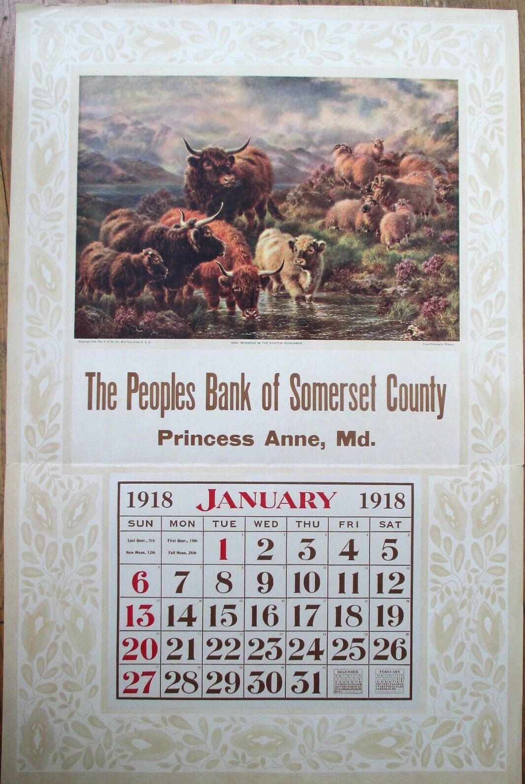 Princess Anne, MD 1918 Advertising Calendar/18x28 Poster: Bank, Somerset County