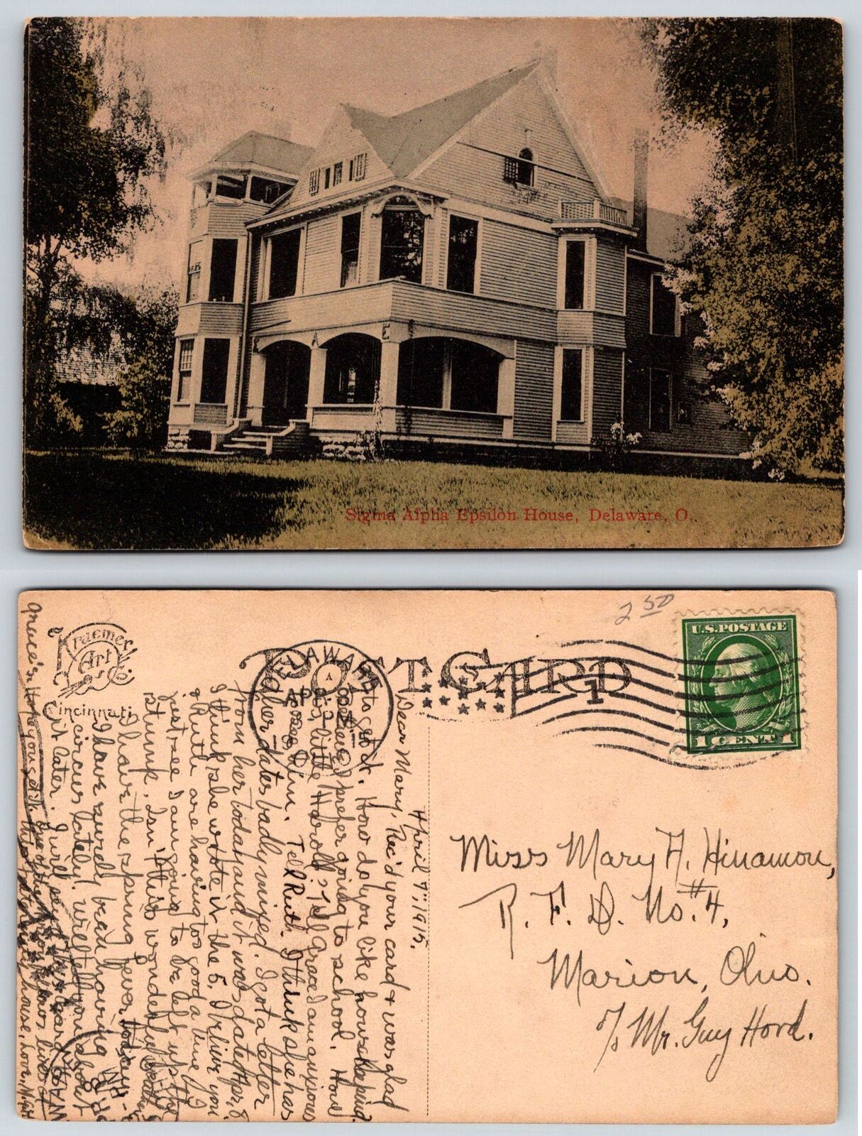 Delaware Ohio WESLEYAN SIGMA ALPHA EPSILON FRATERNITY HOUSE Postcard j223