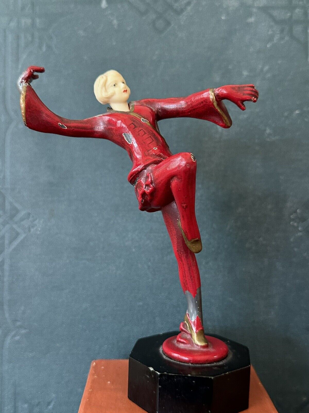 Antique 1920s Art Deco J.B. Hirsch painted metal lady dancing lady statue
