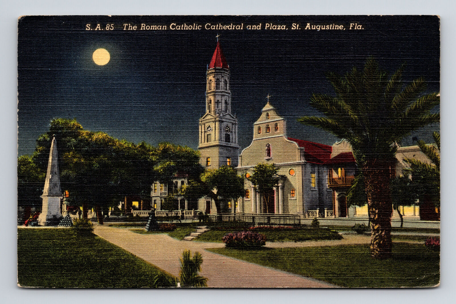 c1943 Postcard St Augustine FL Florida Roman Catholic Cathedral Night Moonlight