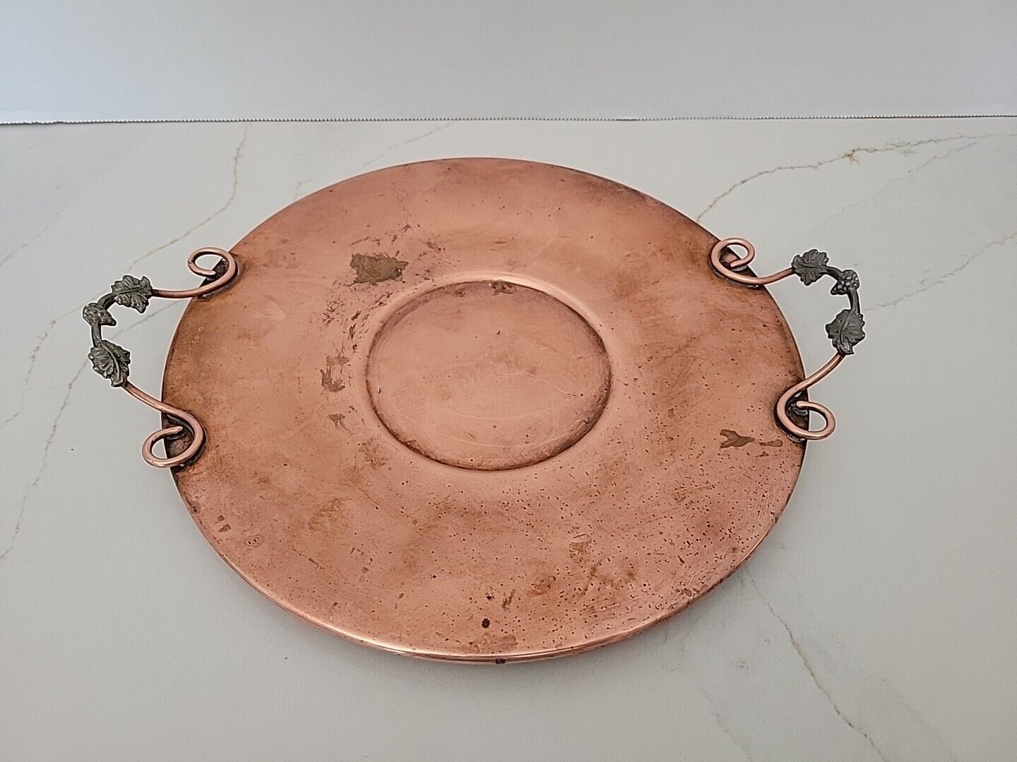 Vintage solid copper serving plate with pewter handles, decorated with grapes...