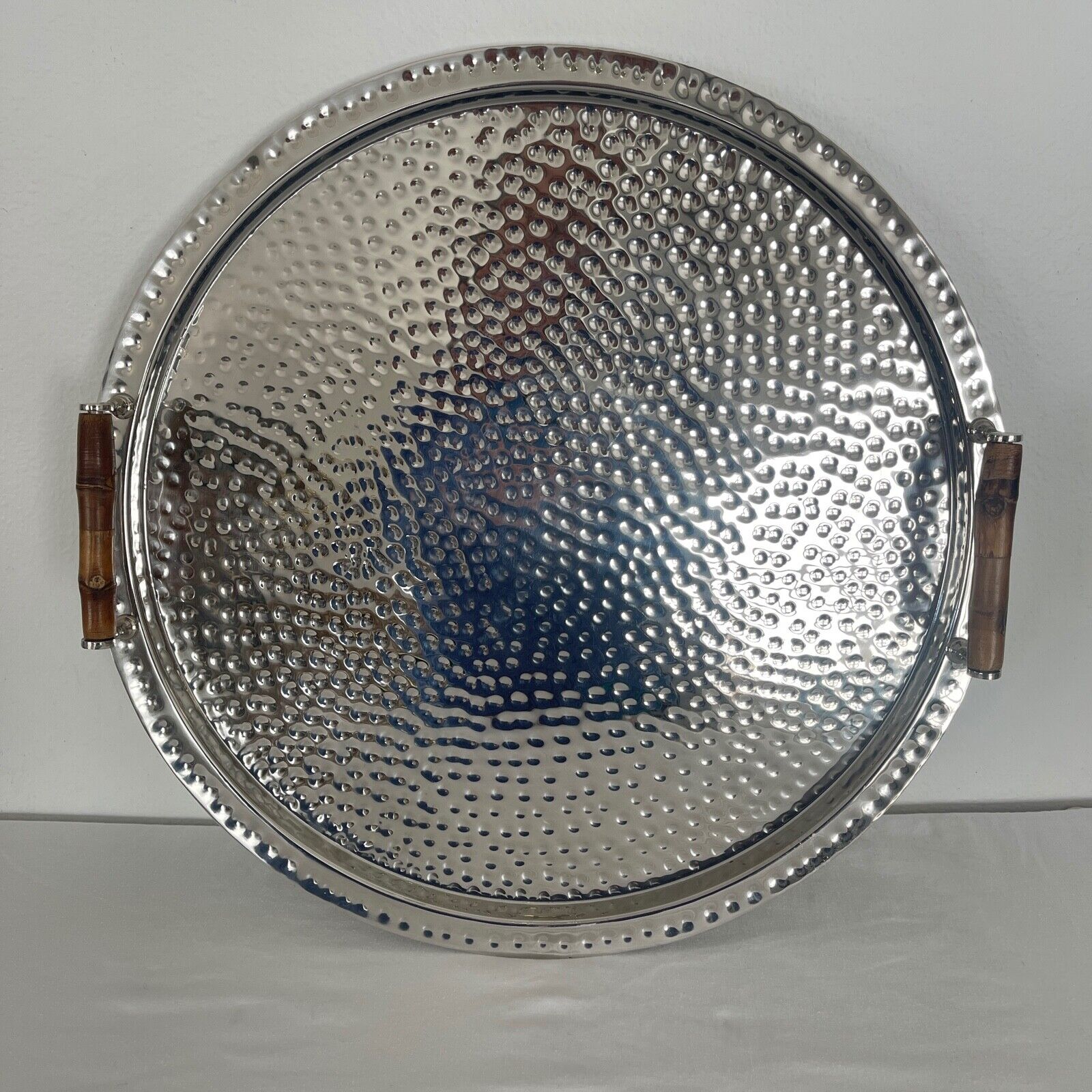 $200 Large Round Hammered Nickel Plated Serving Tray Bamboo Handles 22\