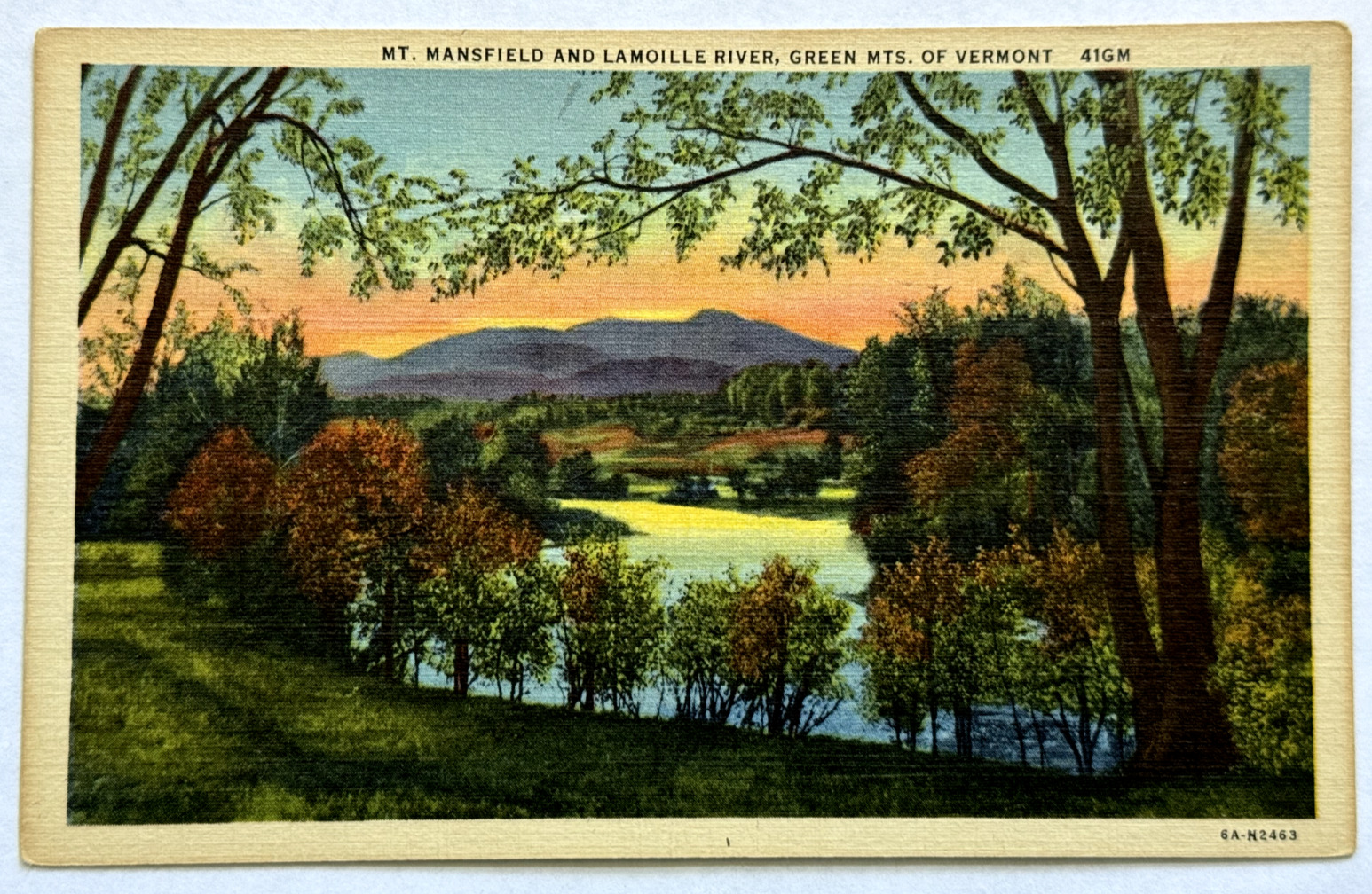 Mt. Mansfield Lamoille River Sunset Sunrise Landscape Vermont VT Linen Postcard