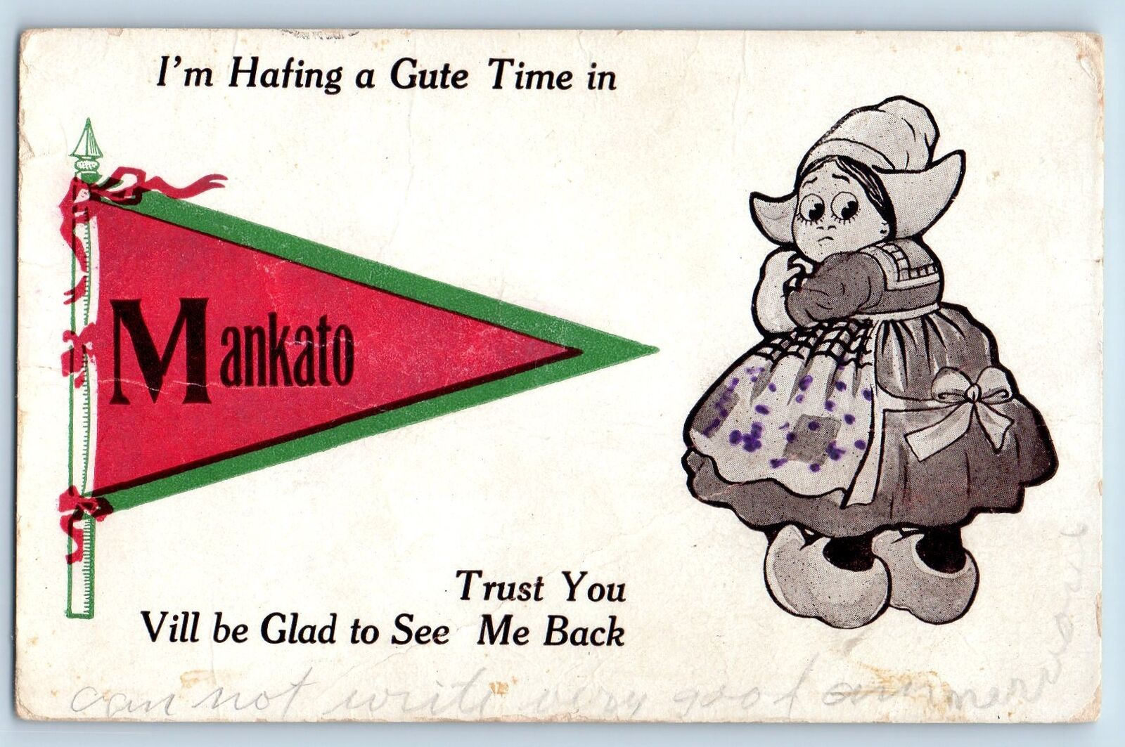 1913 I'm Hating A Gute Time In Mankato Pennant Cartoon Minnesota Antique Postcar