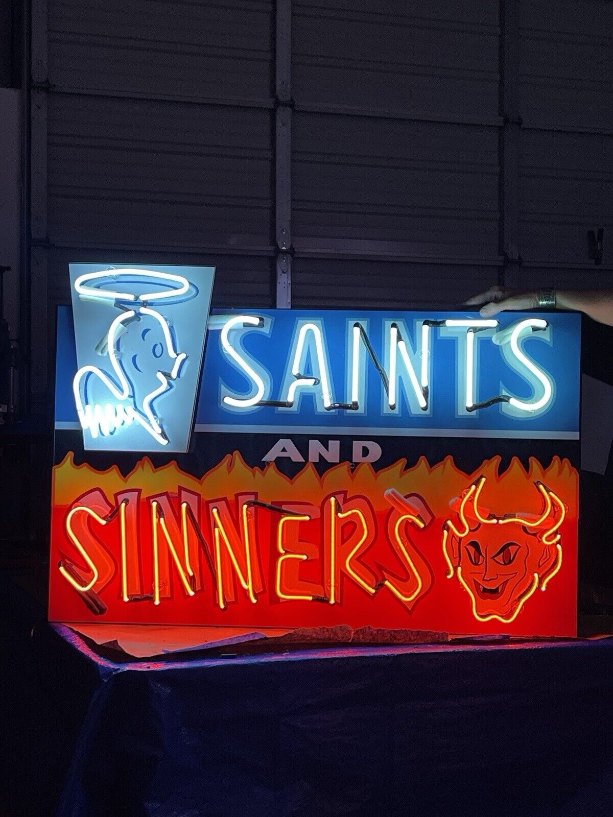 World Famous “Saints & Sinners”  Glass Neon Bar Sign Vintage NM Lowrider Capital