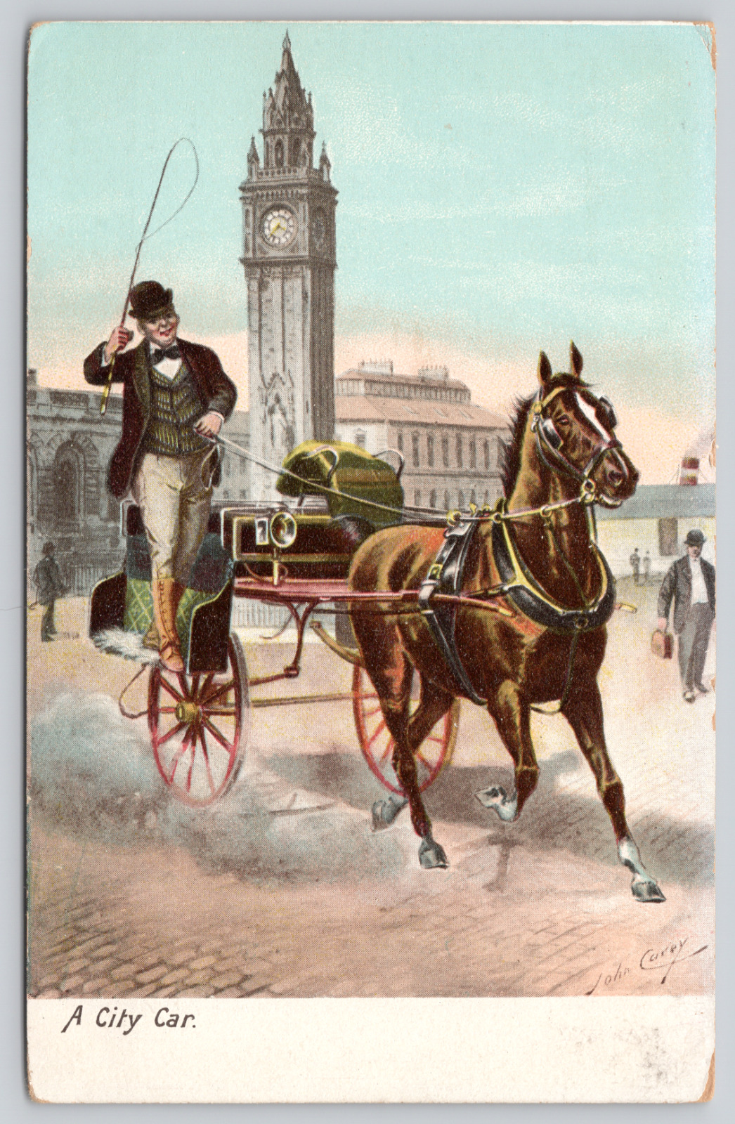 Postcard A City Car, Horse and Carriage, Signed John Carey A1055