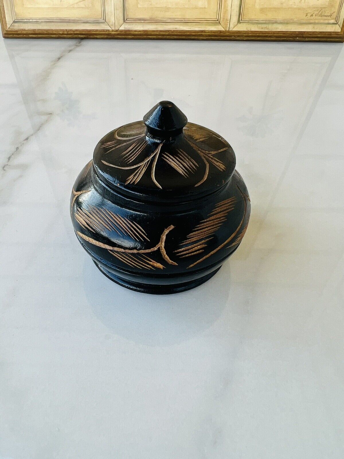 Vintage Black Handmade Wooden Hand Carved Trinket Box Round
