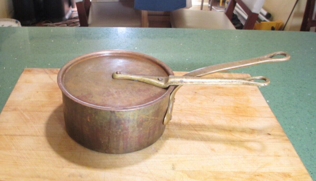 French Vintage Copper Matfer Sauce Pan 7 Inch With Lid Brass Handle Nice Patina