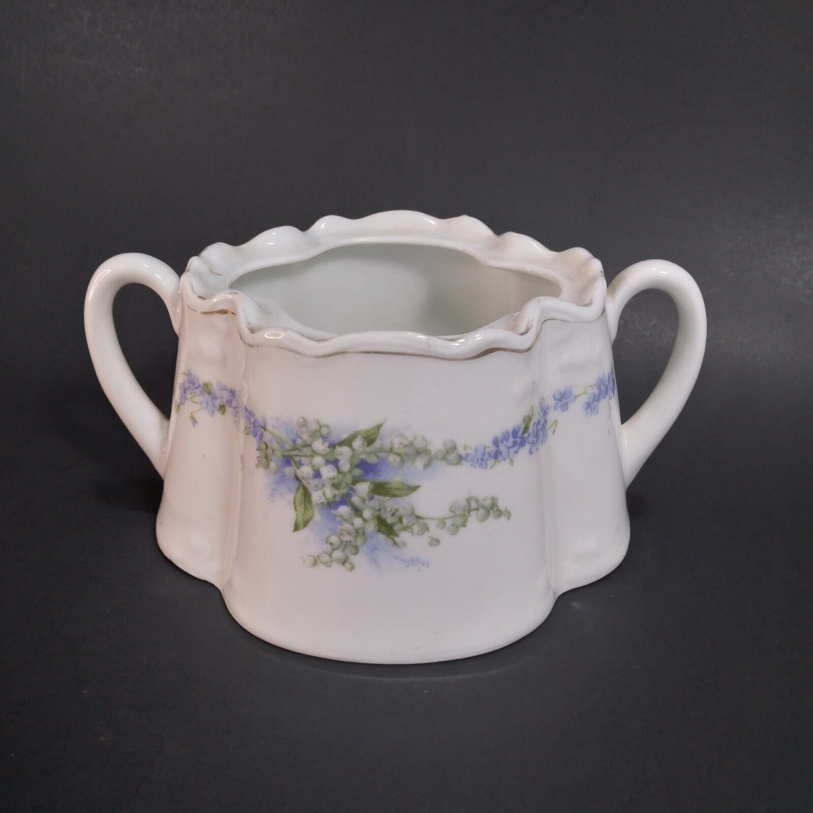 Vtg Antique 2 Handle Sugar Bowl Forget Me Not Bluebell Floral - No Lid As is