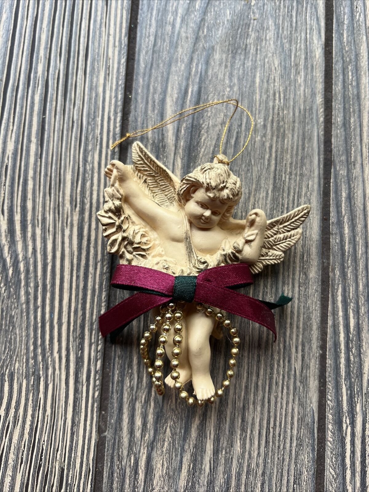 Vintage Christmas Decoration 3.25” Cherub Angel Cupid Primitive Ribbon Beads