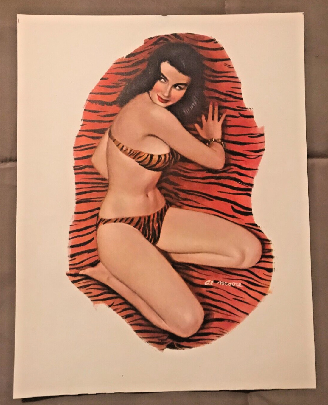 VTG AL MOORE Pinup, Cut from Calendar, 1950, Black-Haired Lady in Zebra Bikini