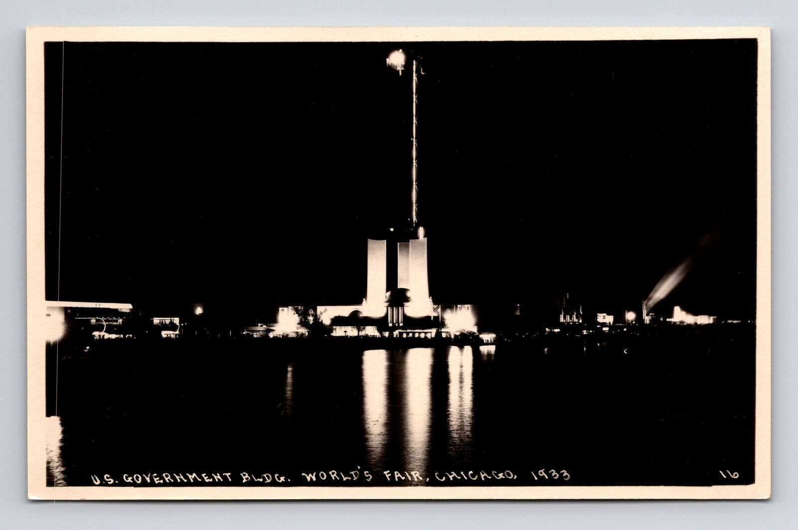 RPPC 1933 Chicago Worlds Fair Night View US Government Building Postcard