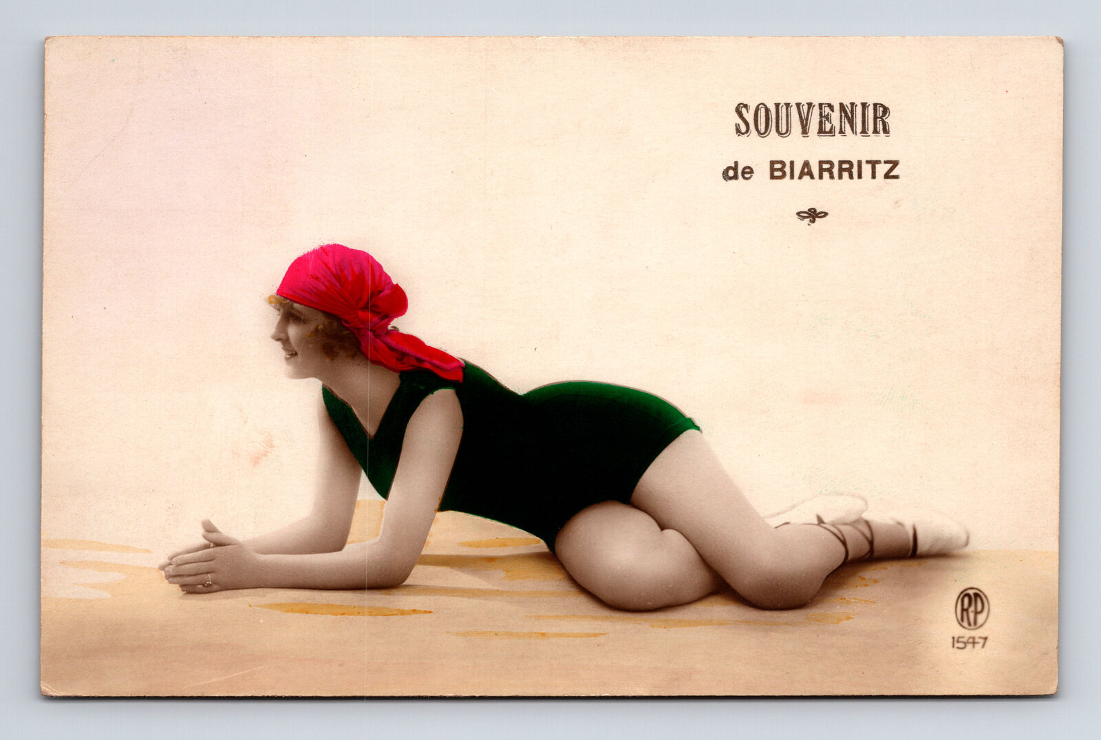 Souvenir de Biarritz Curvy French Woman in Bathing Suit Hand Colored Postcard