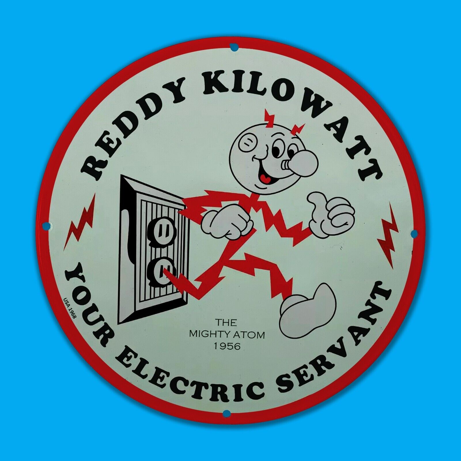 VINTAGE 1956 KILOWATT RED BOY GAS STATION SERVICE MAN CAVE OIL PORCELAIN SIGN
