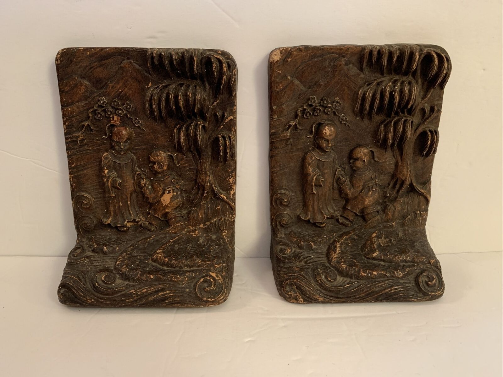 Chinese Buddhas Under Pine Tree Bookends 6.75” Tall RARE Vintage