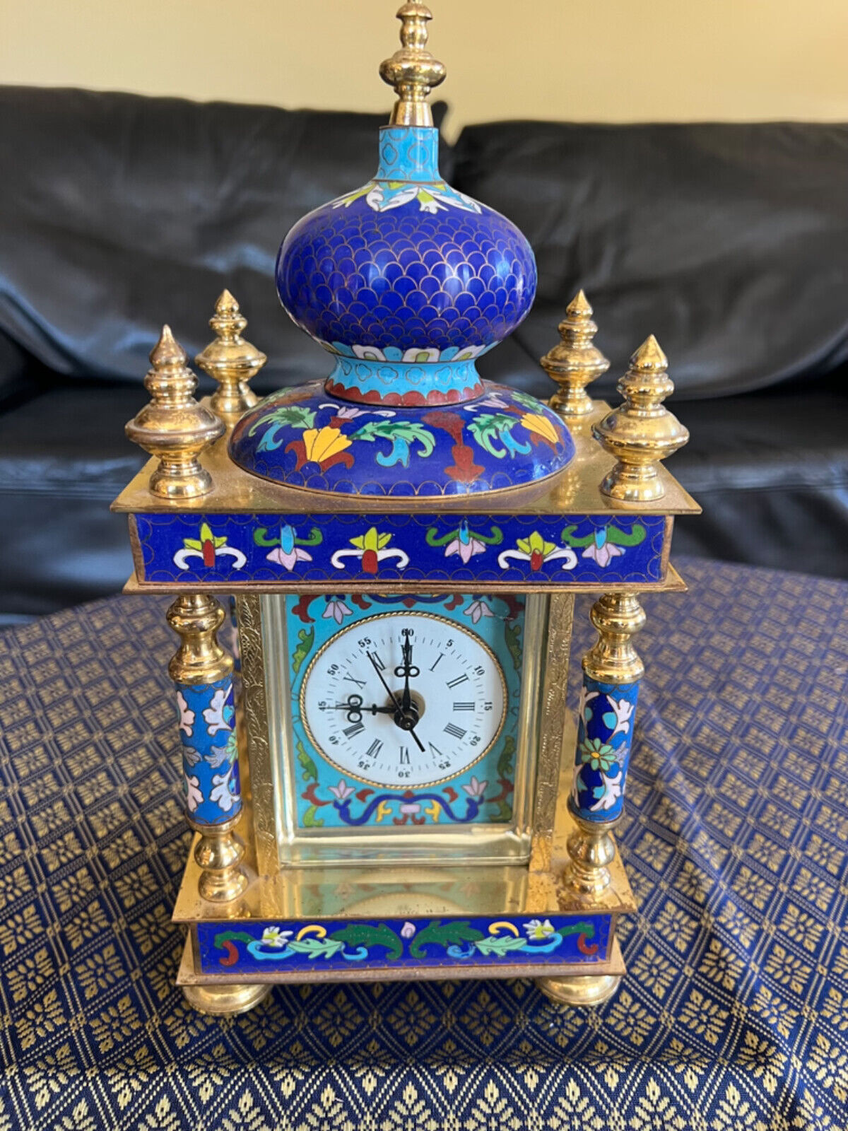 Vintage Chinese  Cloisonné Brass Enamel Blue Floral Mantle Carriage Clock