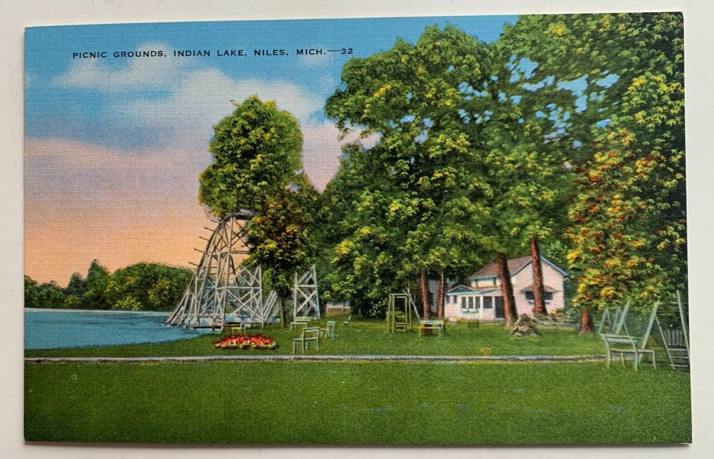 MI Postcard Niles Michigan Indian Lake Picnic Grounds scenic vintage linen