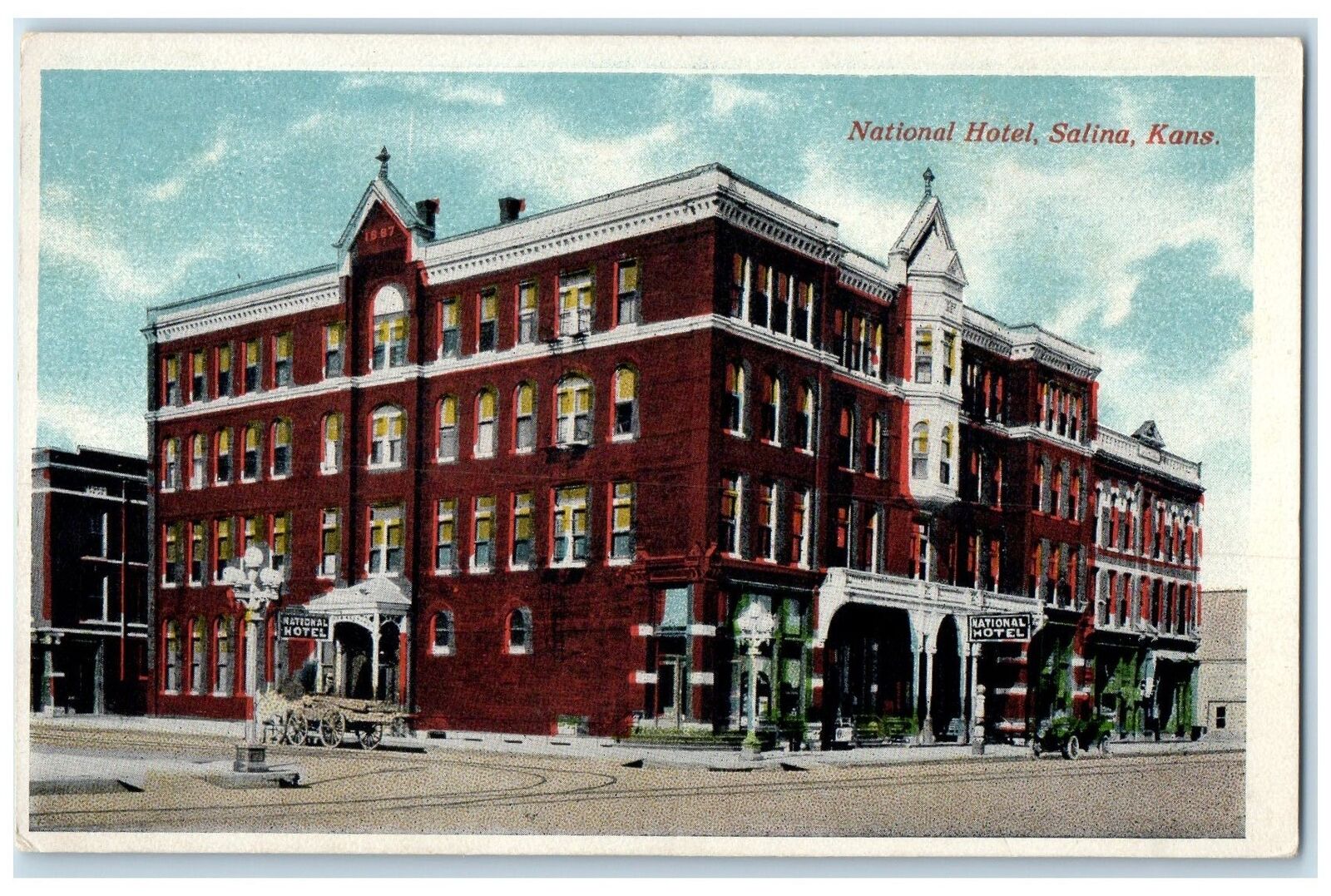 c1920's National Hotel Exterior Roadside Salinas Kansas KS Unposted Postcard