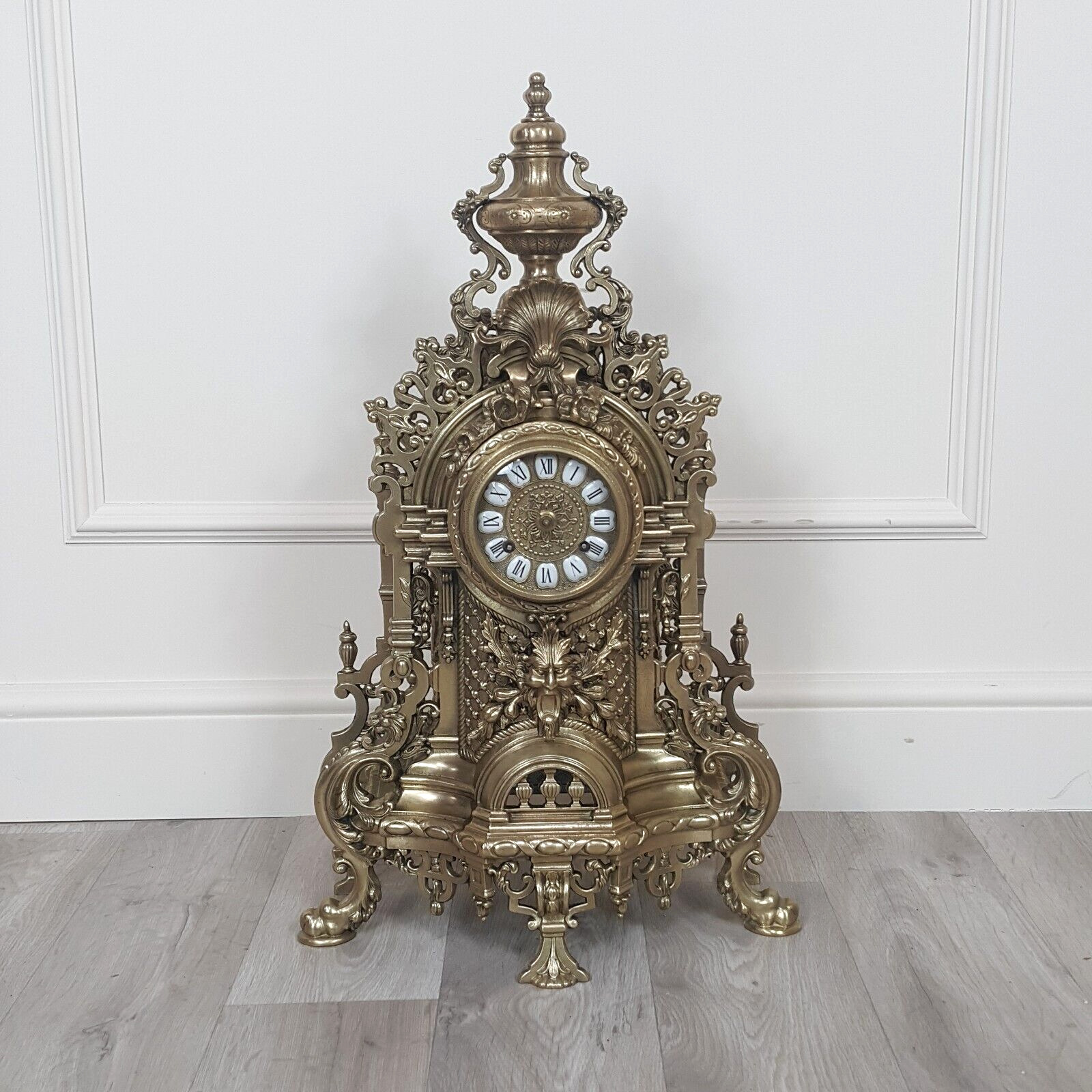 French Louis XIV Style Brass Gilt Mantel Clock - F256