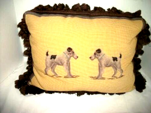 VINTAGE NEEDLEPOINT PETIT POINT DOG PILLOW TERRIERS FOX OR AIREDALE FRINGED LG