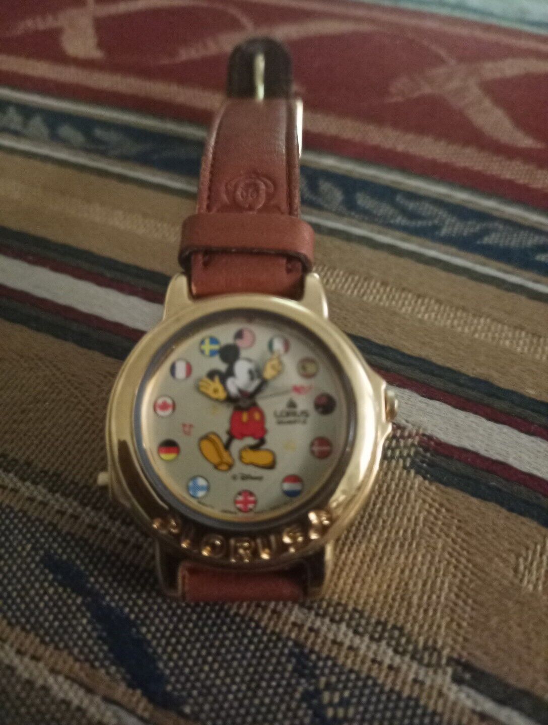 Vintage Disney Lotus Quartz Mickey Mouse Watch Leather Band Gold Tone