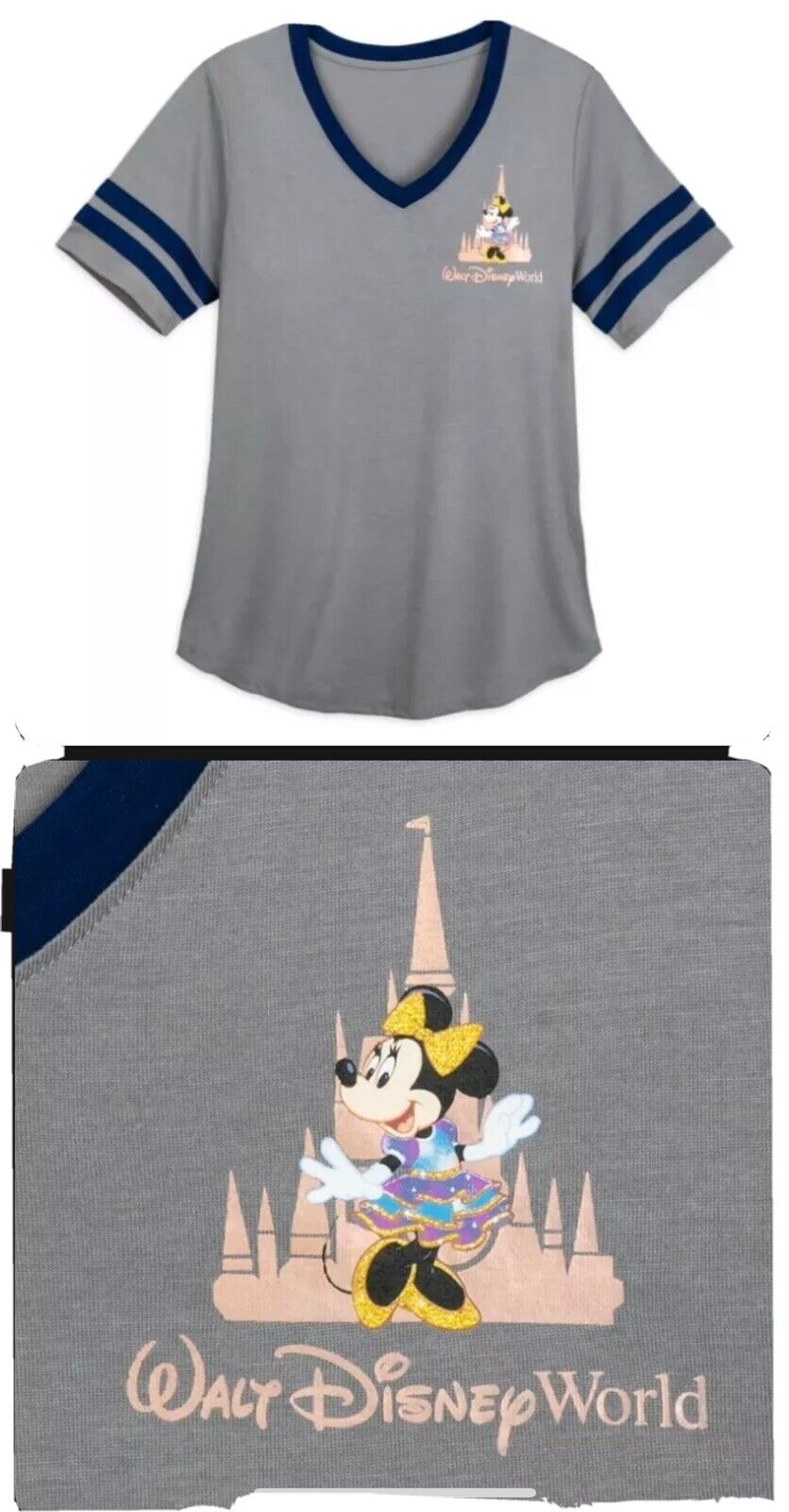 NWT Walt Disney World 50th Anniversary Minnie Mouse V-Neck Castle T-Shirt Tee M