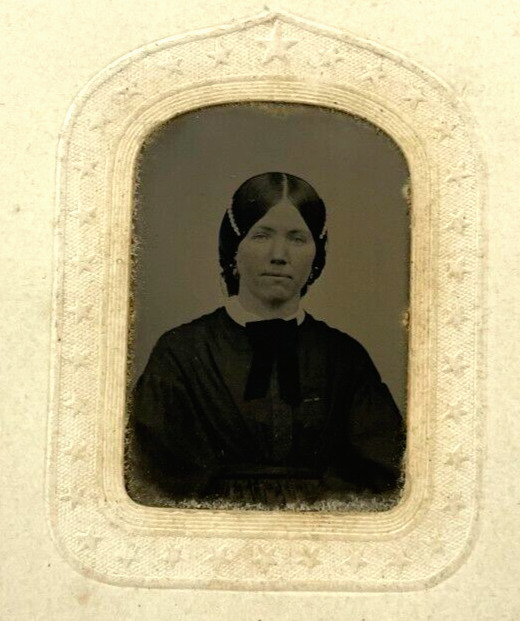 ANTIQUE TINTYPE LADY HAIR CLIPS DRESS BOW  2-CENT CIVIL WAR TAX STAMP 1860-1865