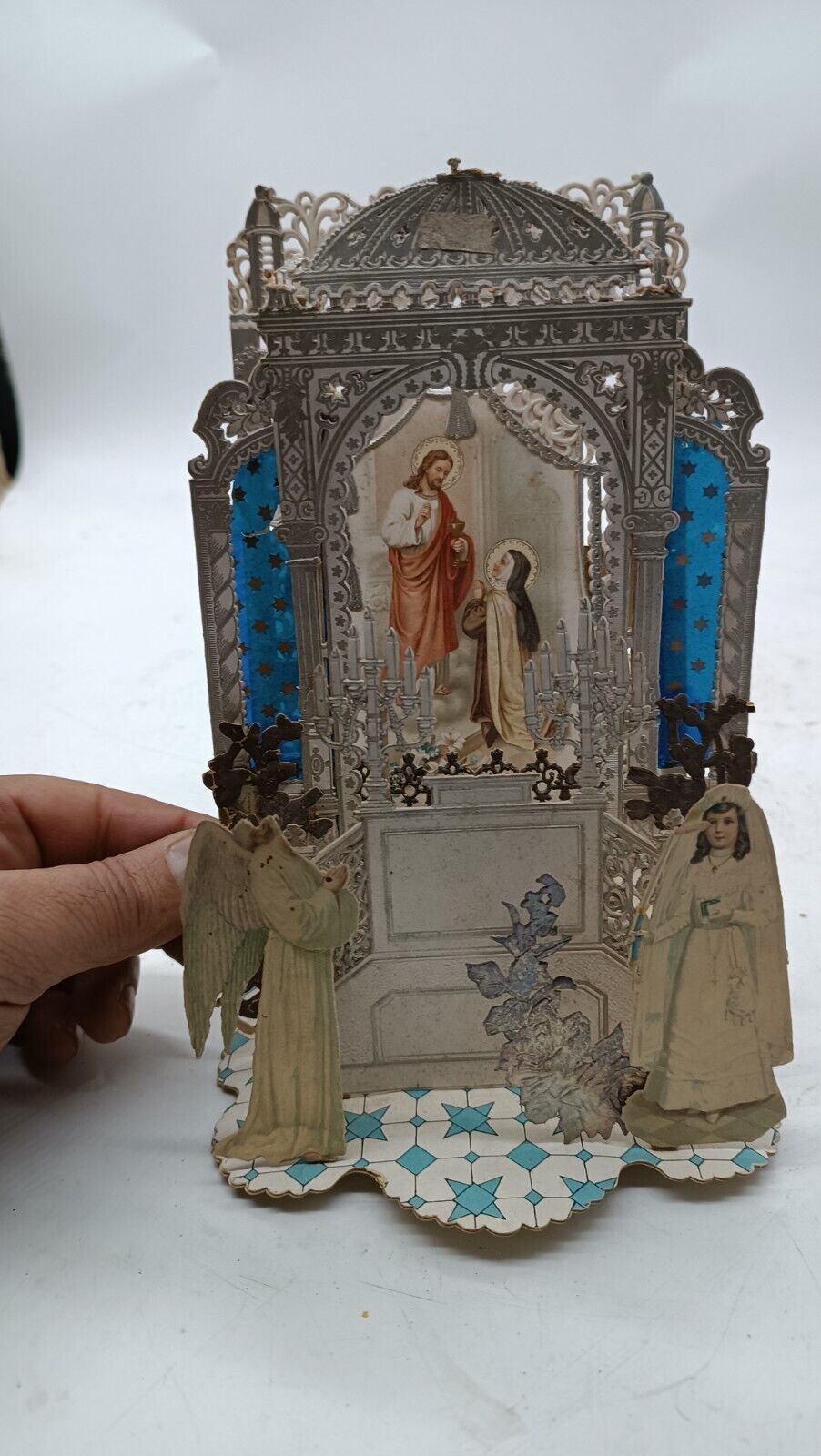 Large Antique Holy Card Diorama Early 1900s Communion
