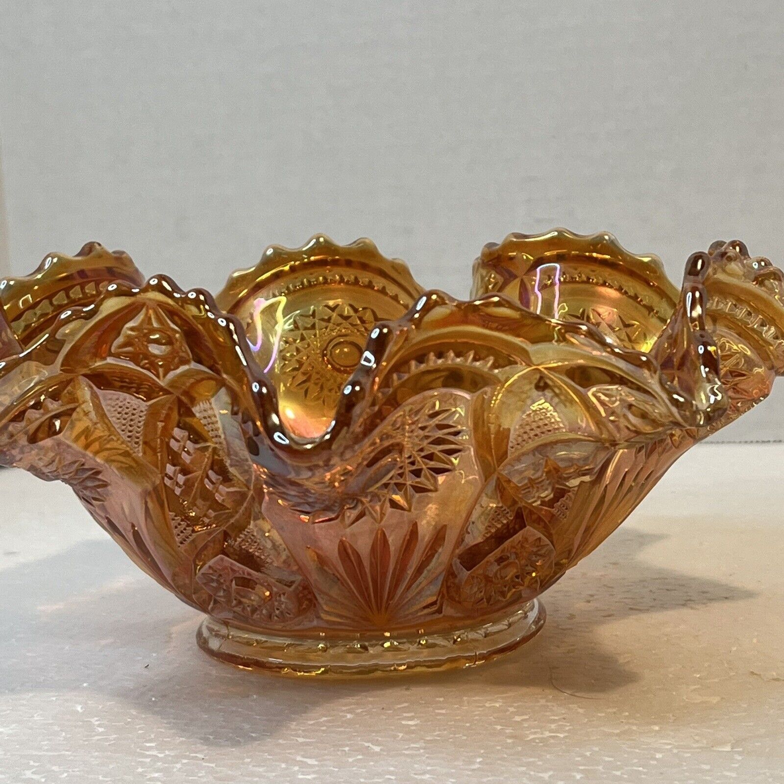 Fenton Ruffled Edge Bowl Art Carnival Glass Marigold ‘Hobstar & Flowers’ Vintage