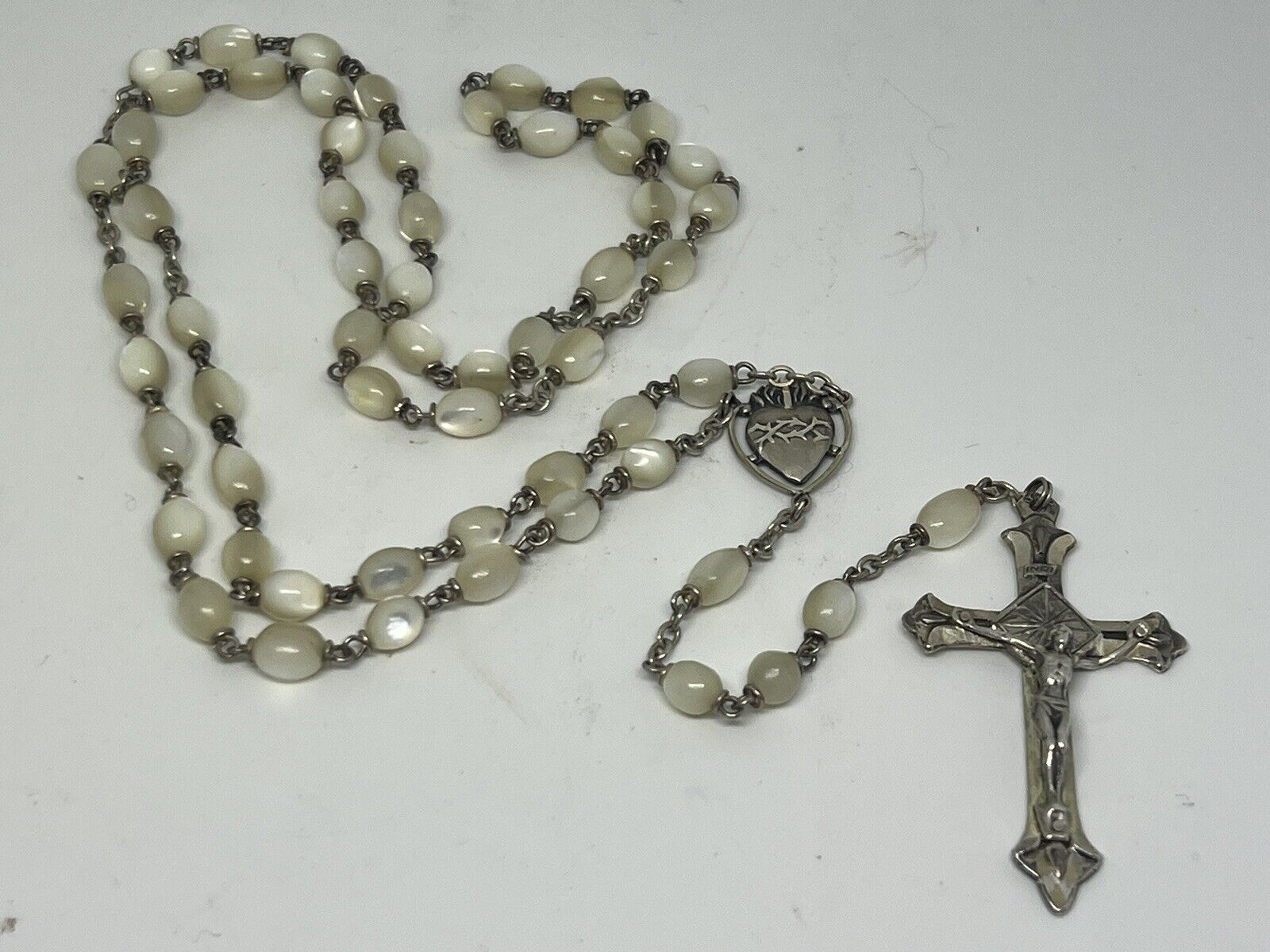 Vintage Catholic Genuine Mother Of Pearl Rosary with Sterling Silver Crucifix