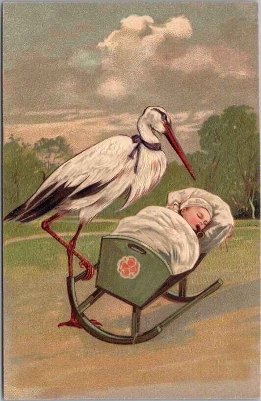 c1910s STORK / Birth Announcement Postcard Baby in Cradle PFB Embossed 6289