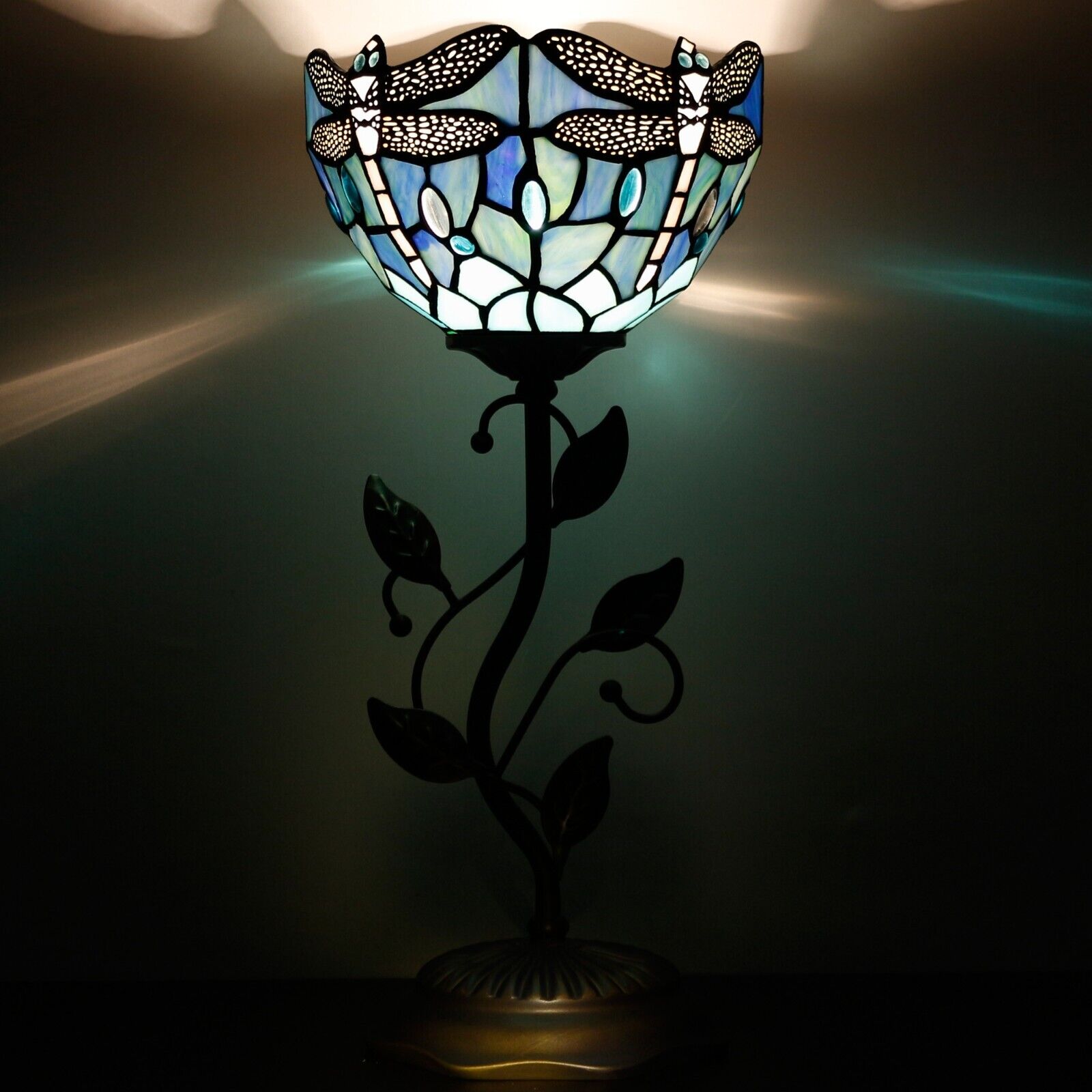 Small Tiffany Lamp Sea Blue Dragonfly Stained Glass Uplight Accent Table Lamp